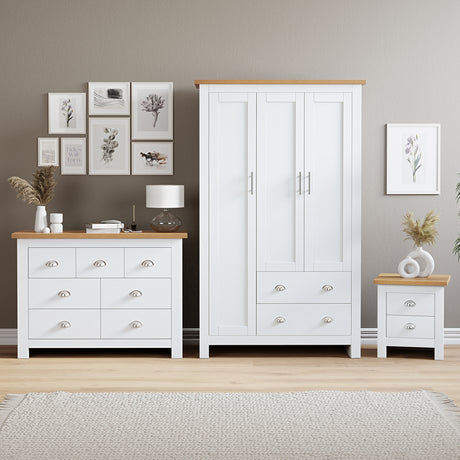 Complete bedroom furniture set with chest of drawers, bedside tables, and wardrobes for stylish storage.