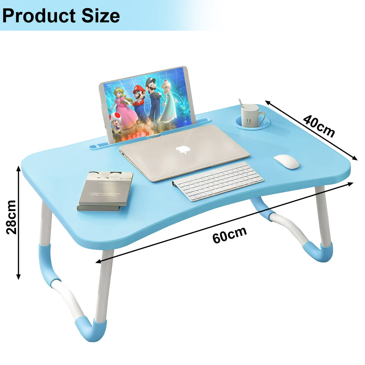 Blue bed table for laptop, perfect for comfortable working, with dimensions for easy fit.