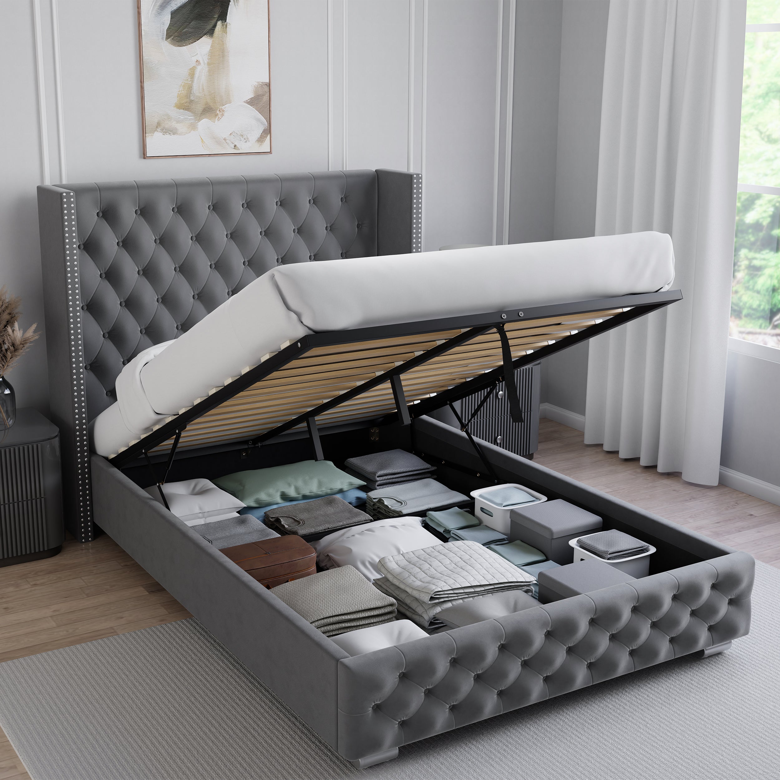 Elegant upholstered bed with storage, featuring a tufted headboard and hydraulic lift.