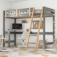 [Grey + Pine] Bunk Bed With Desk - High Sleeper Loft Bed Frame For Kids in grey wood finish with integrated study desk, ladder, and safety rails. Ideal for space-saving children's bedrooms.
