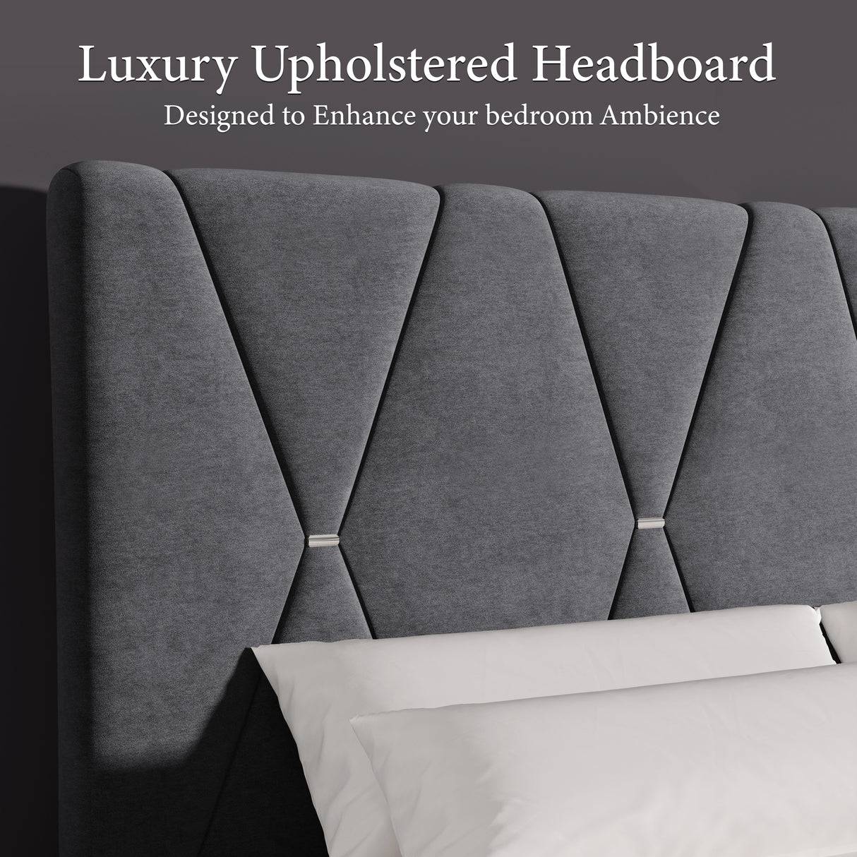Velvet Upholstered Bed Frame in Grey & Beige with Adjustable Headboard