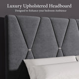 Velvet Upholstered Bed Frame in Grey & Beige with Adjustable Headboard