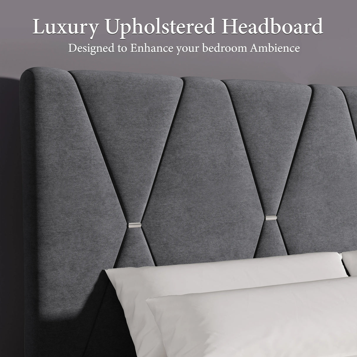 Velvet upholstered bed frame in dark grey with adjustable headboard featuring geometric panel design and soft padding for enhanced bedroom ambience.