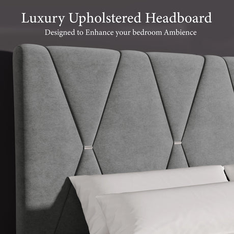 Velvet Upholstered Bed Frame in Grey & Beige with Adjustable Headboard
