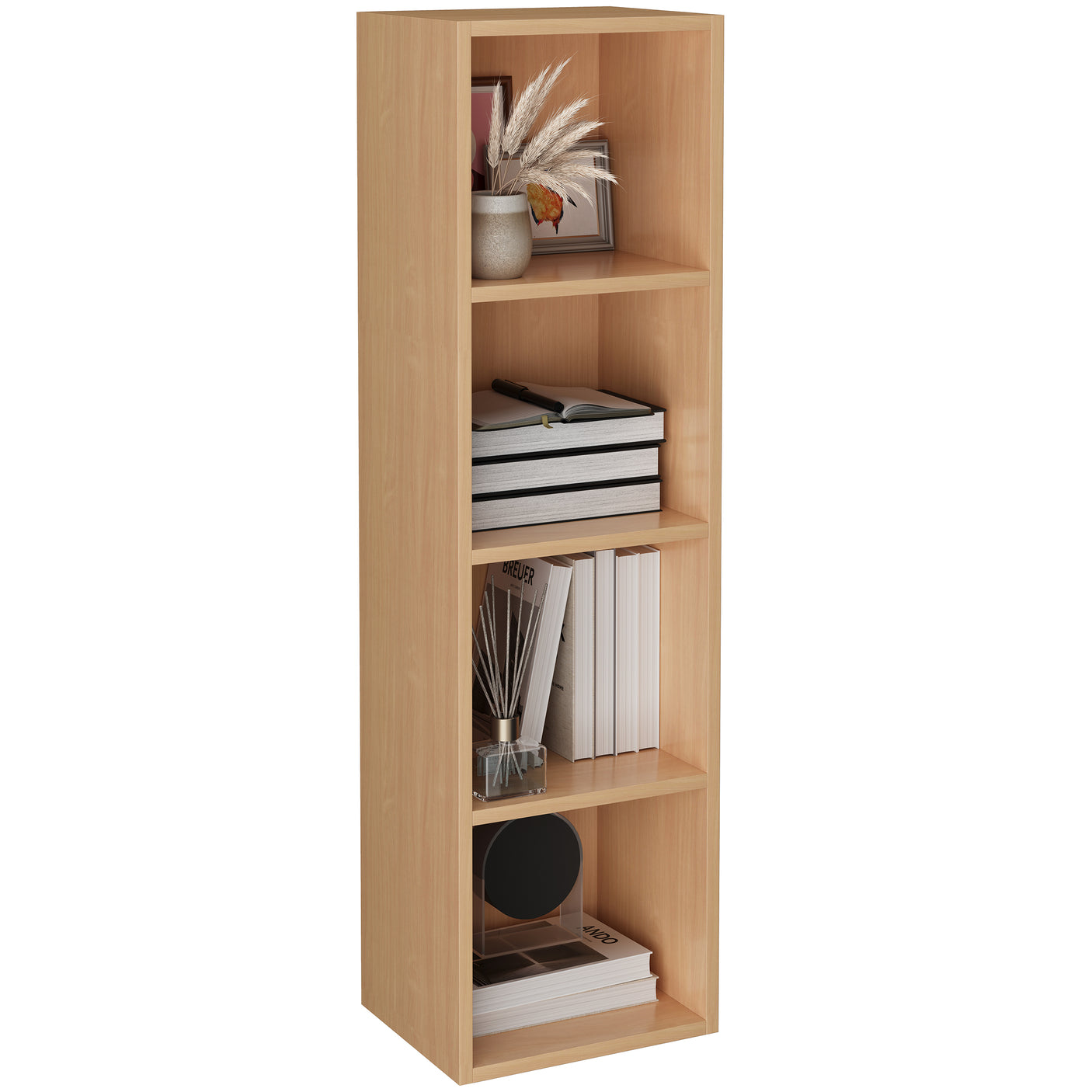 Angled view of beech 4 Tier Bookcase Cube Storage Unit with books and decor. Versatile shelving for any room.