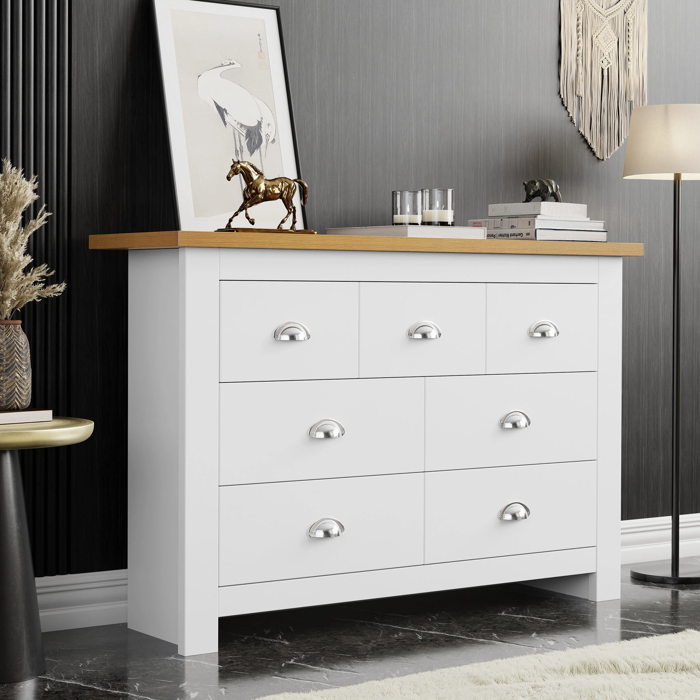 7 Drawer Wide Chest of Drawers | Large Bedroom Dresser in white with oak top, featuring silver handles, ideal for modern bedroom storage.