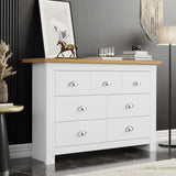 7 Drawer Wide Chest of Drawers | Large Bedroom Dresser in white with oak top, featuring silver handles, ideal for modern bedroom storage.