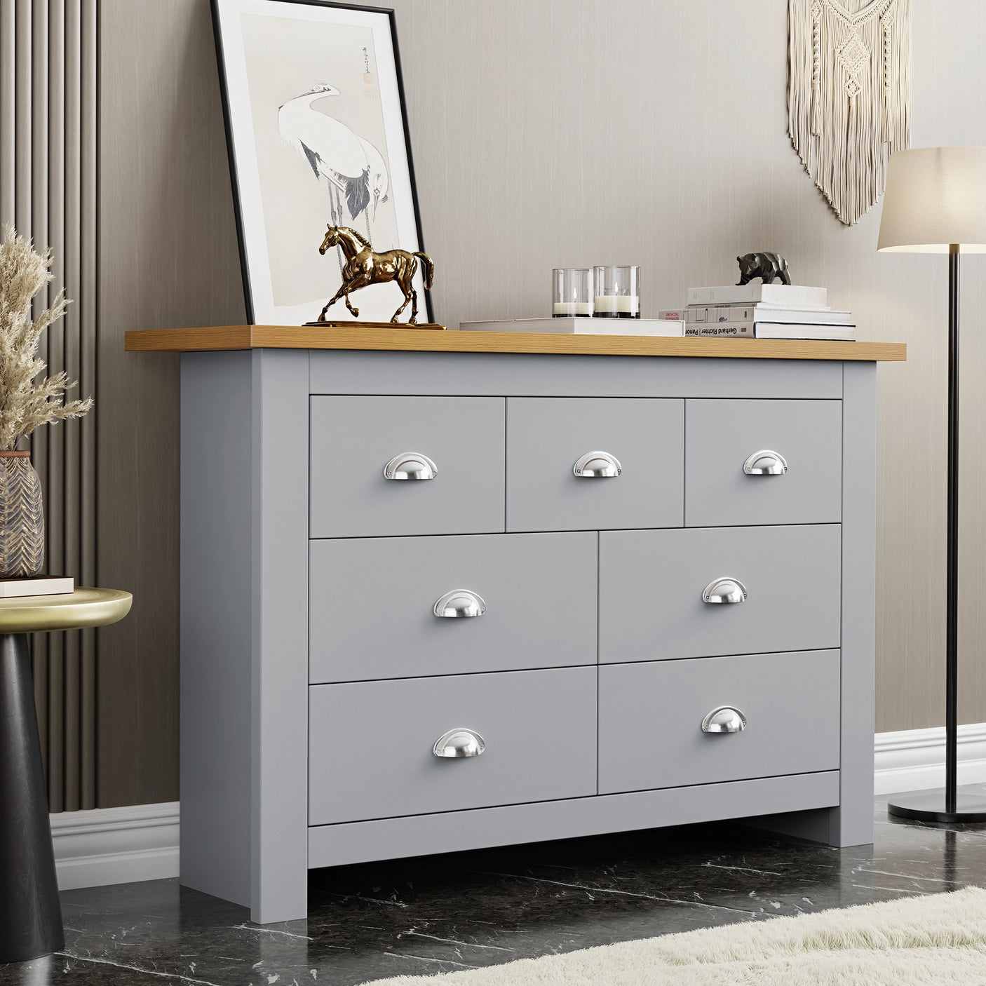 7 Drawer Wide Chest of Drawers | Large Bedroom Dresser in grey with wood top, featuring silver cup handles, ideal for stylish bedroom storage.