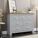 7 Drawer Wide Chest of Drawers | Large Bedroom Dresser in grey with wood top, featuring silver cup handles, ideal for stylish bedroom storage.