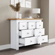 Bedroom chest of drawers furniture with open drawers, offering spacious storage for clothes.
