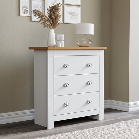 Bedroom chest of drawers sale, featuring handles and a top surface perfect for a lamp.