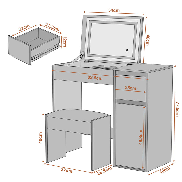 [White] schematic of white vanity 82.6cm wide 40cm deep 77.5cm tall, drawer 32x22.5x12cm