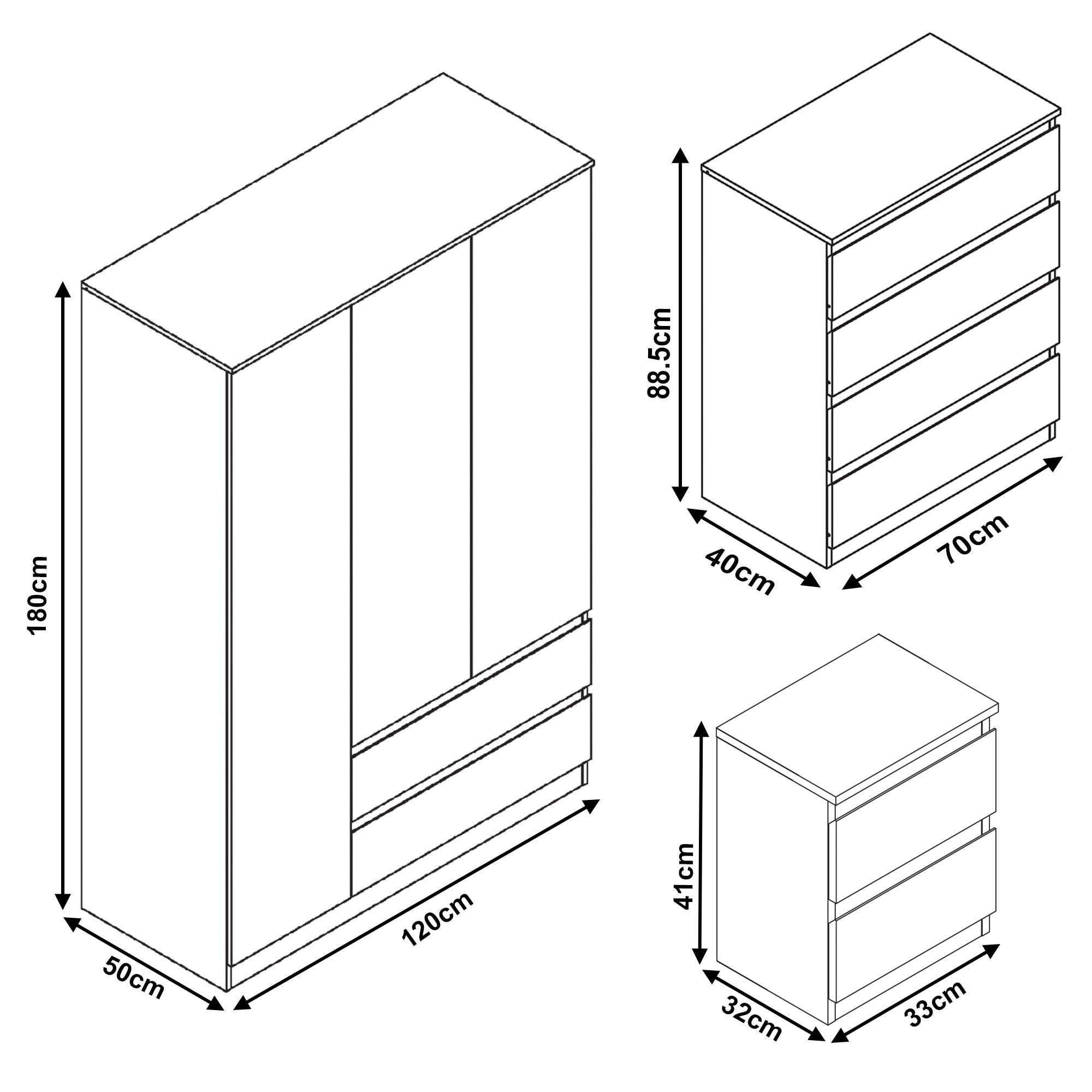 Bedroom furniture 3 piece set with dimensions stylish and functional storage solution