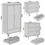 Dimension diagram of a bedroom furniture set containing a wardrobe, chest of drawers, and bedside cabinet