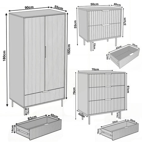 Dimension diagram of a bedroom furniture set containing a wardrobe, chest of drawers, and bedside cabinet