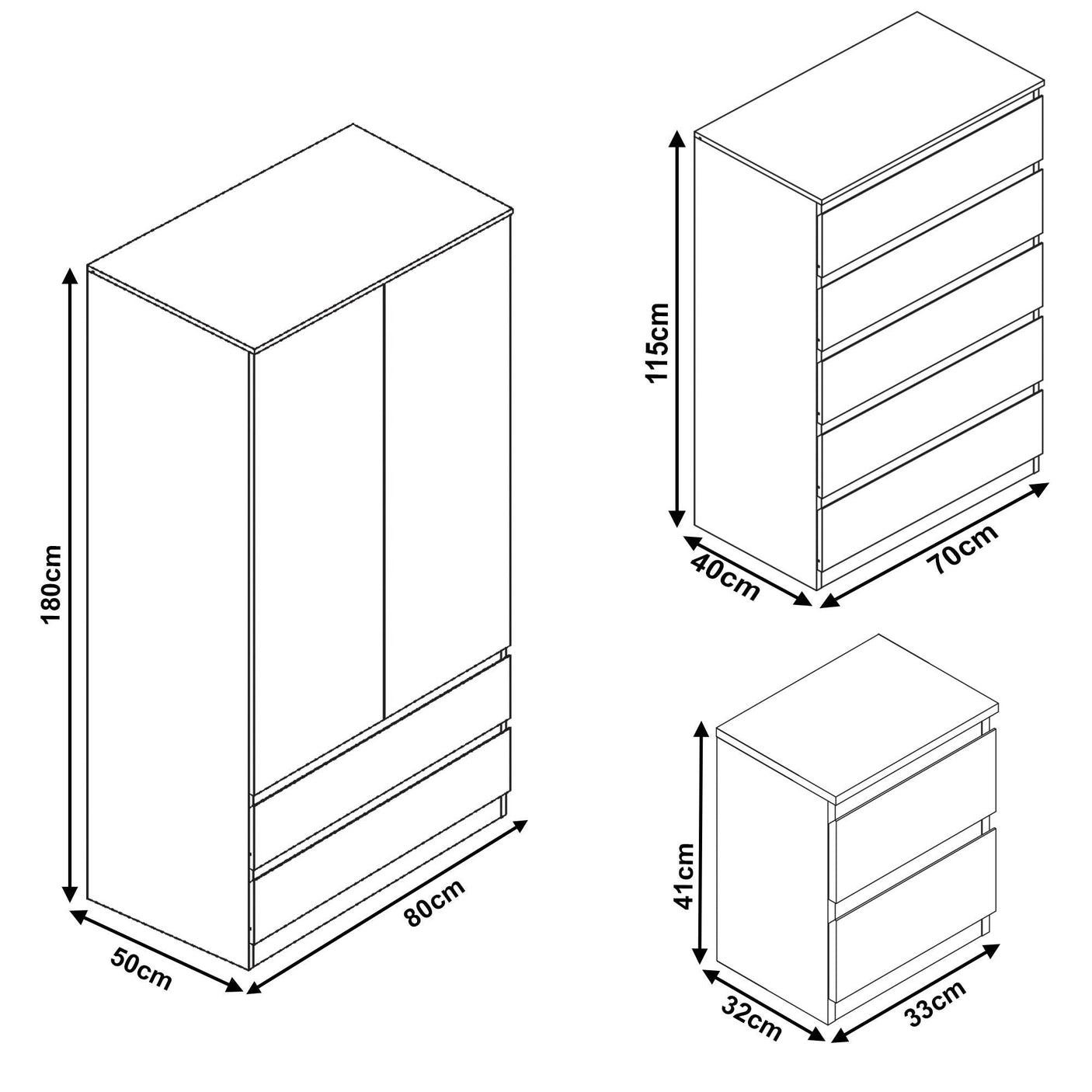 High Gloss Wardrobe, Chest of Drawers - 3 Piece Bedroom Set