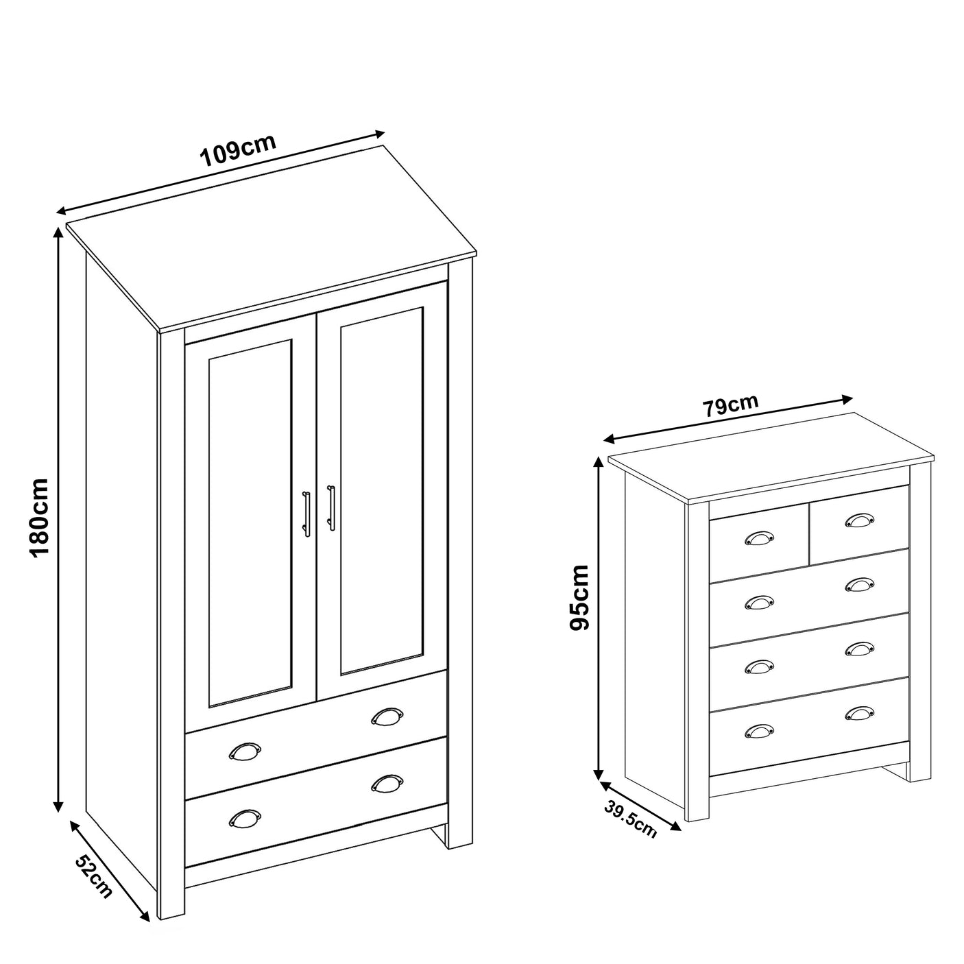 Shaker 2 Door Wardrobe, 5 Chest of Drawers - Bedroom Set