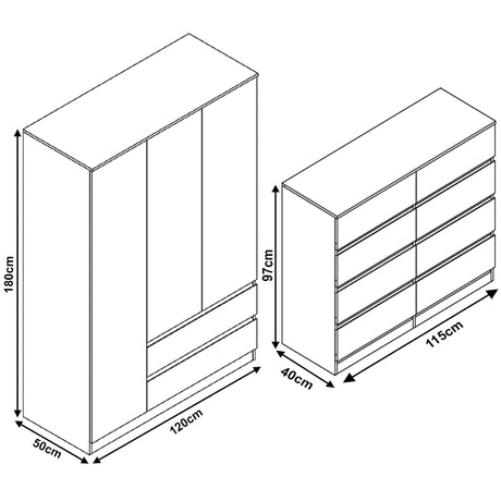 Stylish wardrobe with drawers, perfect for bedroom sets sale. Includes dimensions for convenience.