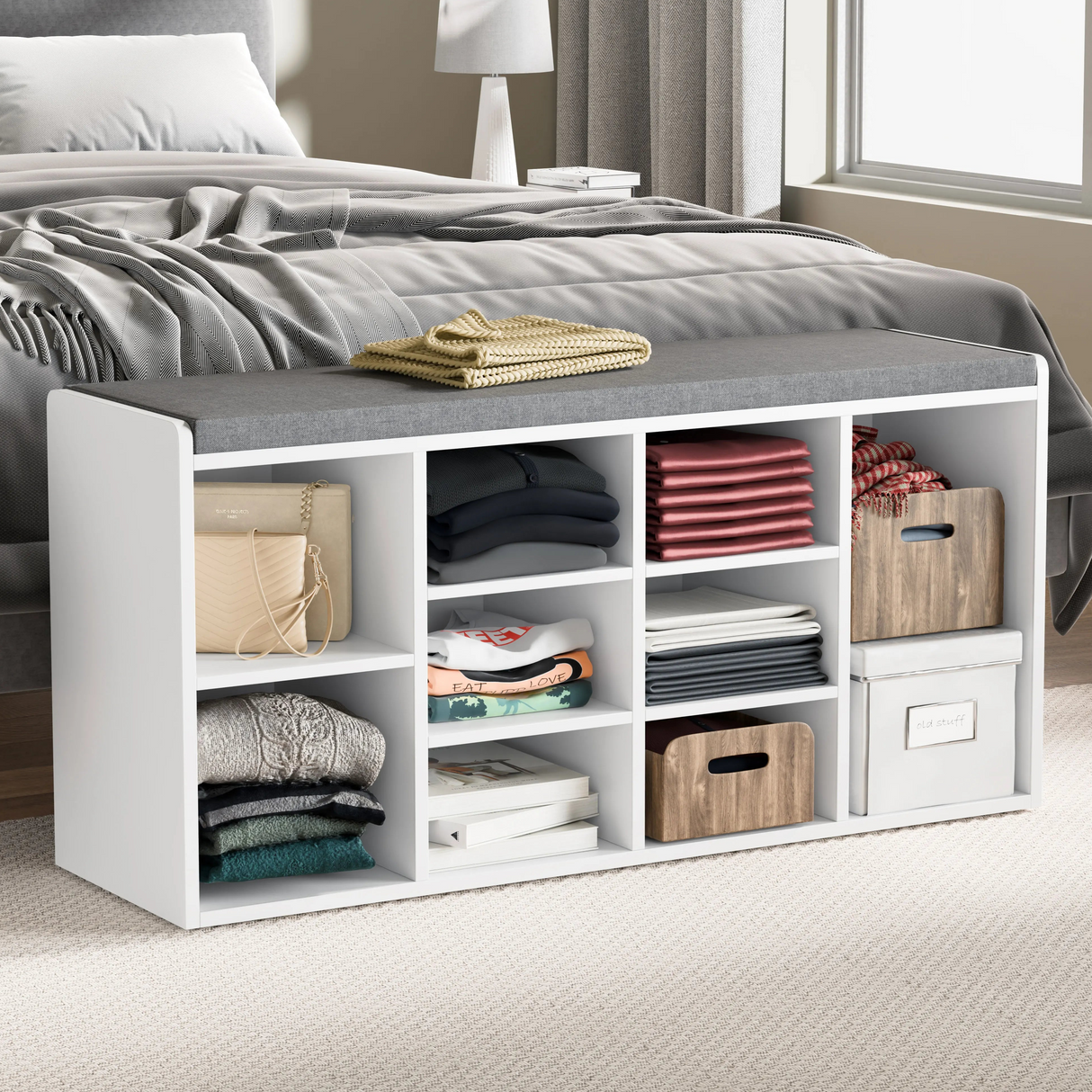 Hallway Shoe Storage Bench With Cushion & Adjustable Shelves