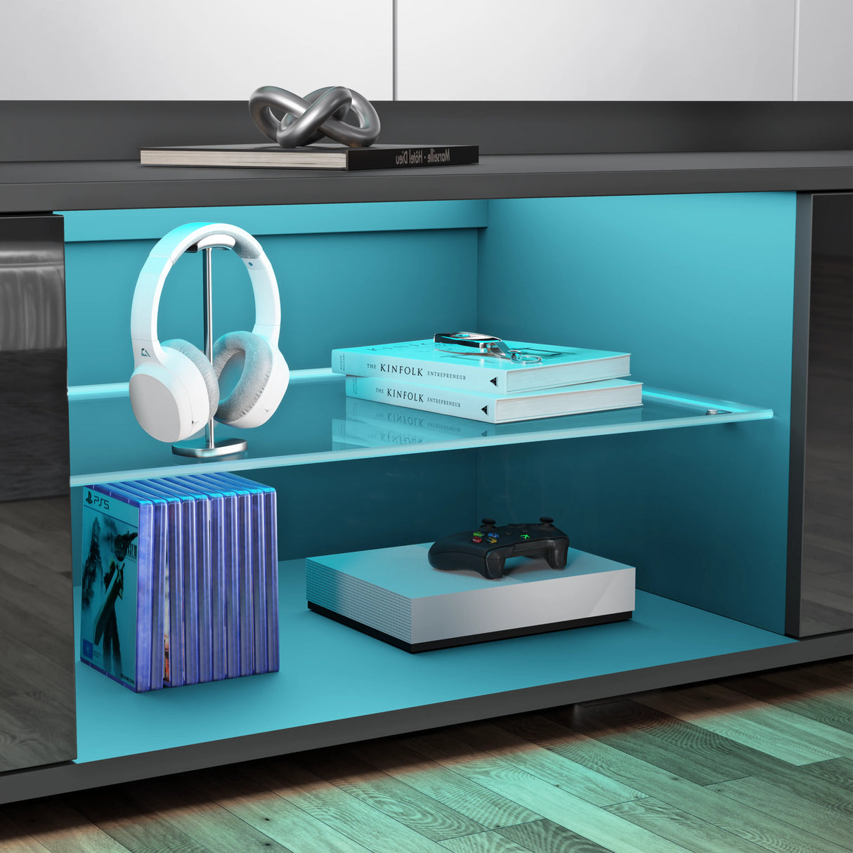 Modern entertainment console with shelves displaying books, a gaming console, and headphones.