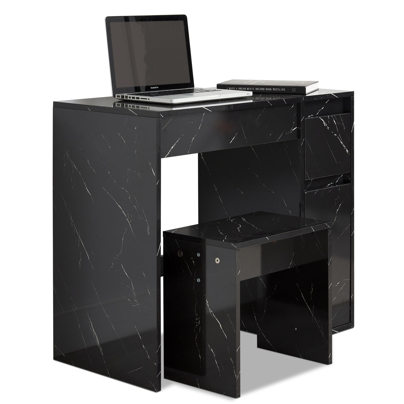 Small dressing table with flip-up mirror and stool in black marble finish, featuring storage drawers and compact vanity desk design for bedrooms.