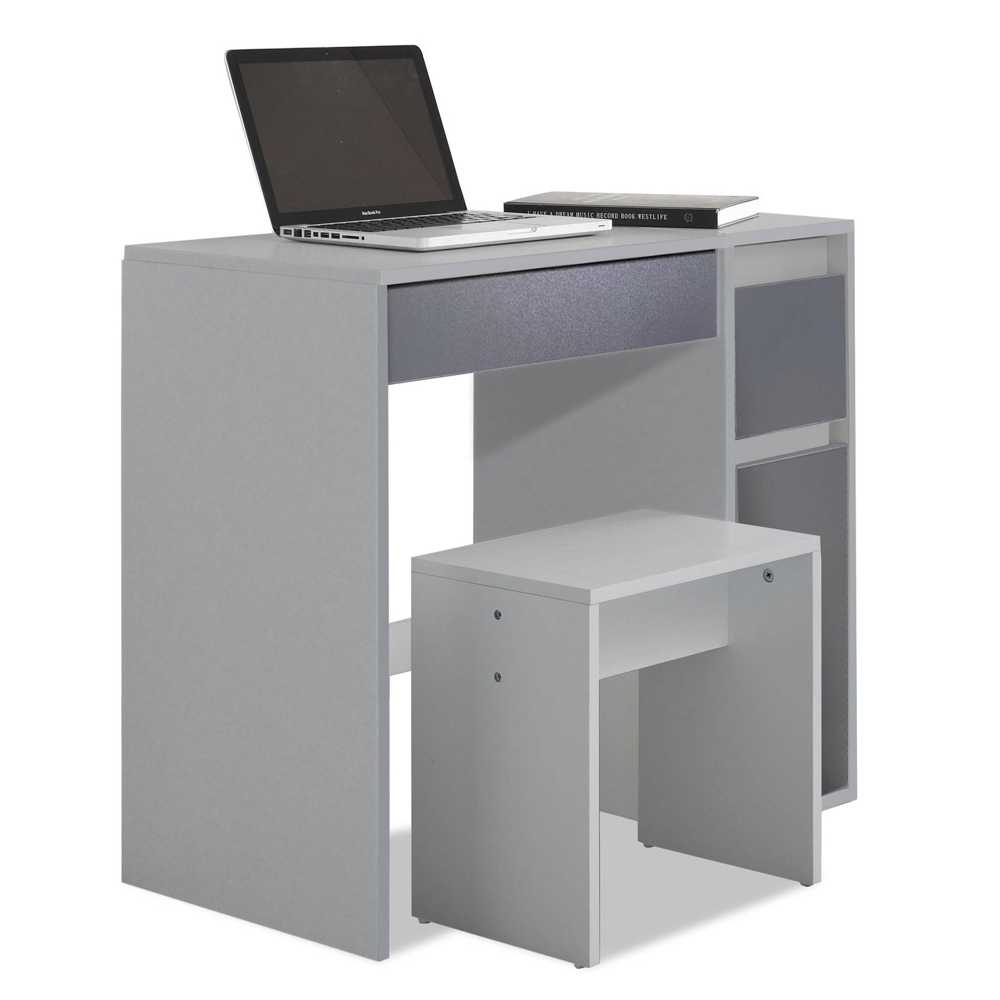 Small dressing table with flip-up mirror and stool in grey finish, featuring storage drawers and compact design for bedroom or makeup use.Whether you use it as a writing desk.