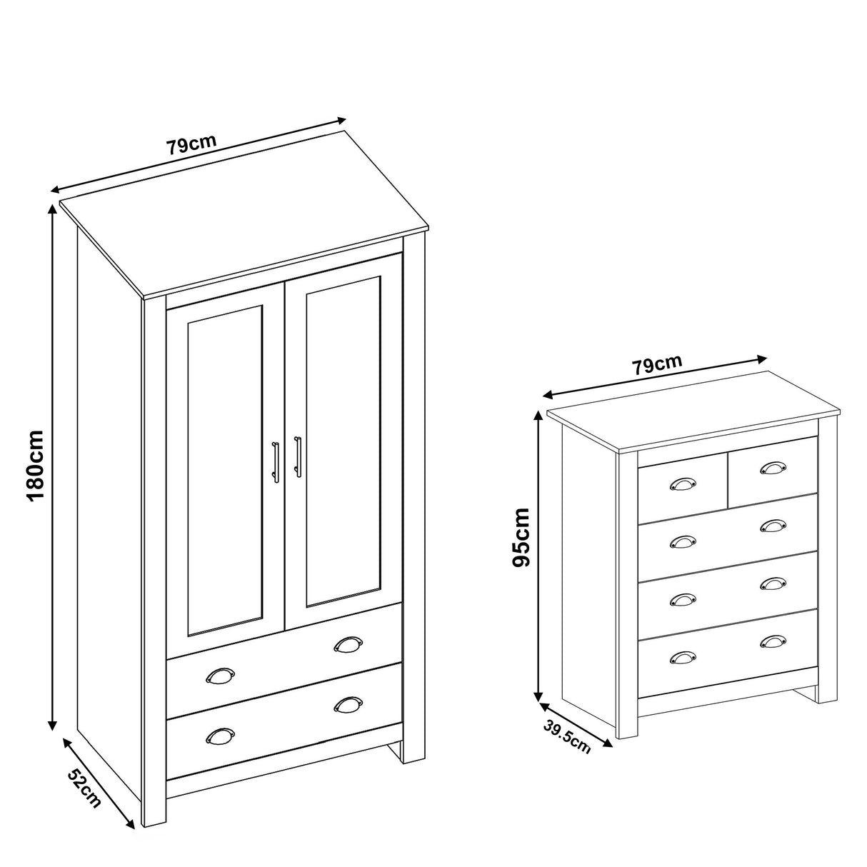 Shaker 2 Door Wardrobe and 5 Chest of Drawers Bedroom Set with dimensions. Wardrobe: 180cm x 79cm x 52cm, Drawers: 95cm x 79cm x 39.5cm.