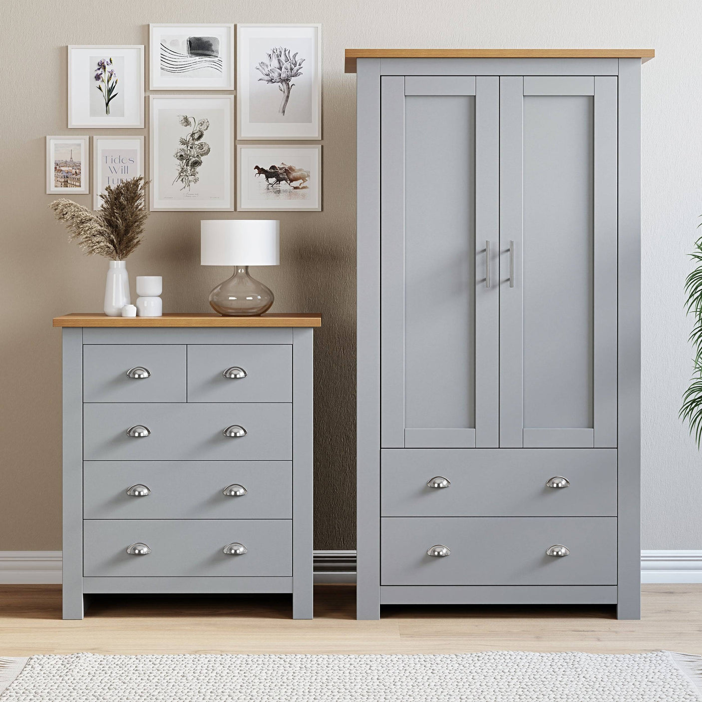 Bedroom wardrobes and chest of drawers with handles, offering stylish and functional storage.