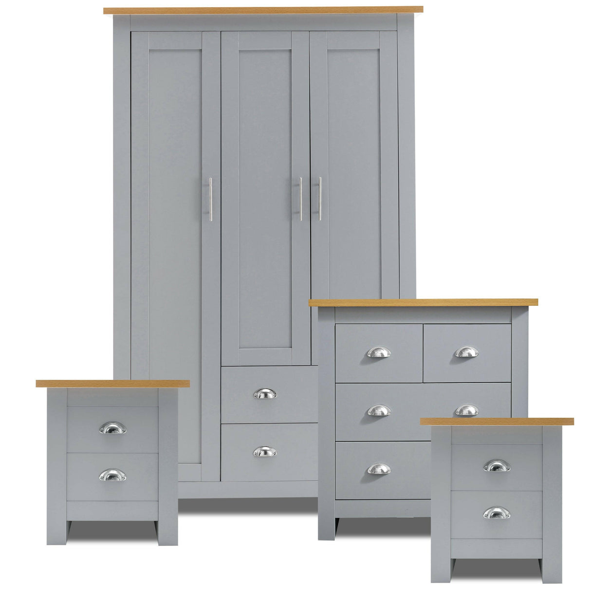 Gray bedroom furniture set including wardrobe, chest of drawers, and bedside tables.