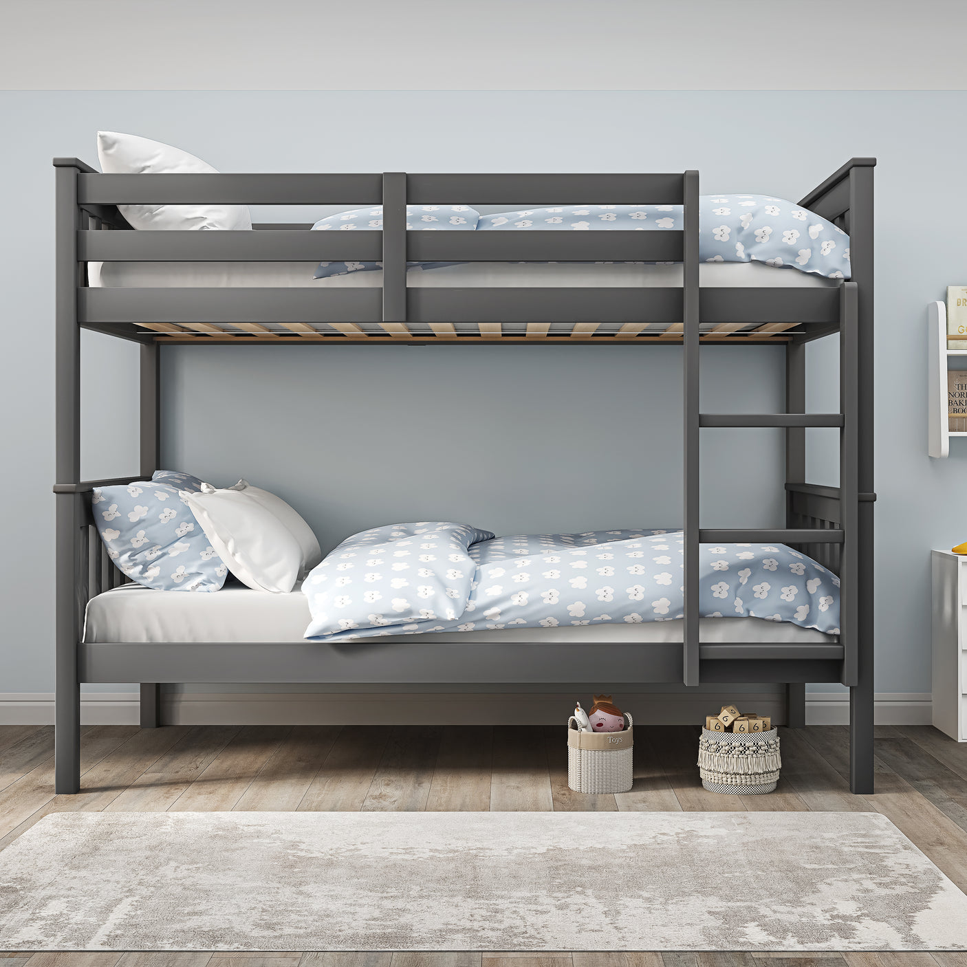 Front view of dark grey double bunk bed for kids with blue bedding, showcasing sturdy frame and safety guardrails.