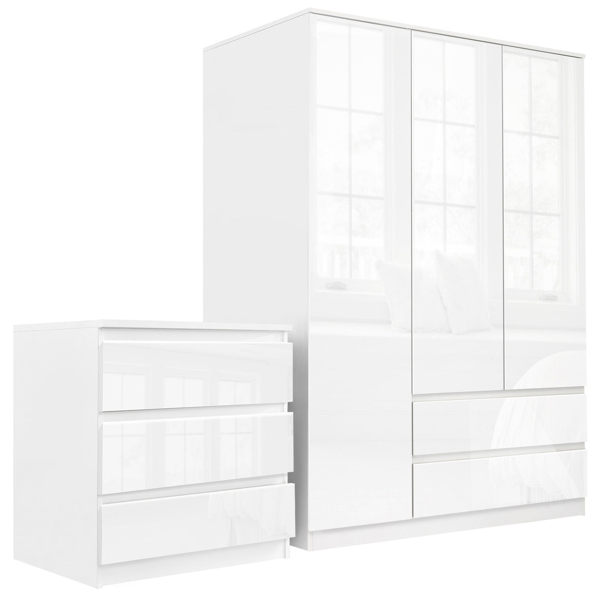 White 3-door wardrobe set with ample storage, sleek modern design for your bedroom.