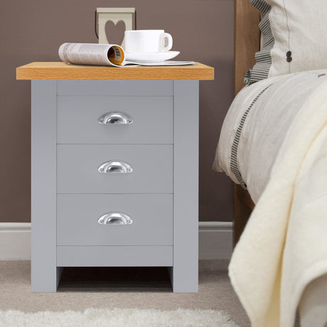 Bedside table 3 drawers grey and oak top, stylish and functional bedroom furniture.