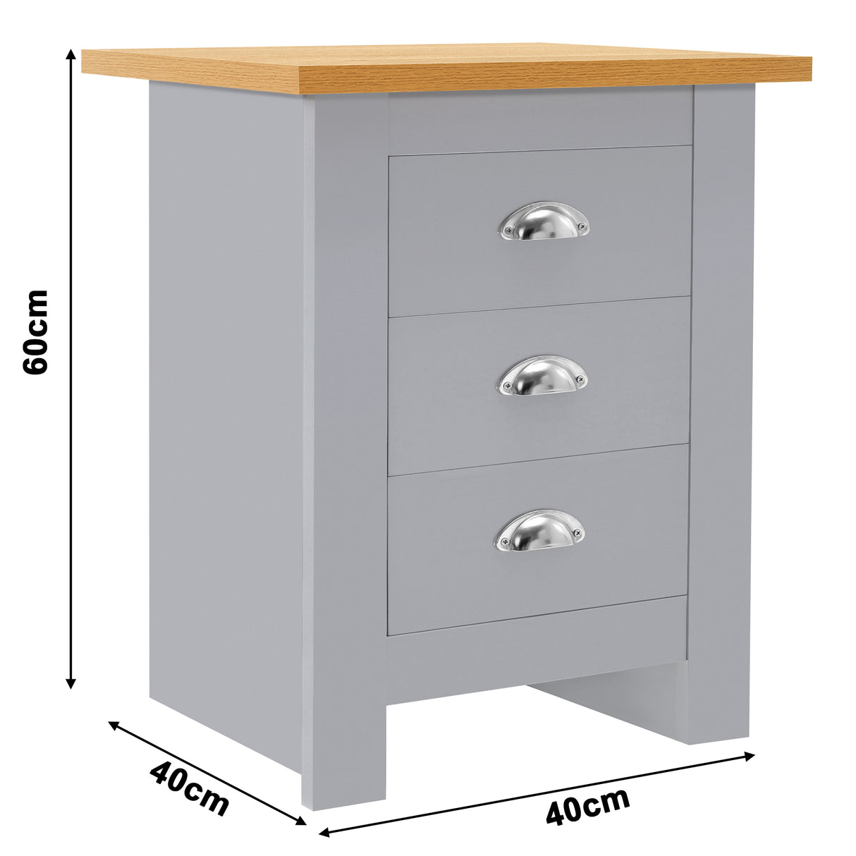 bedside table Grey with three drawers, silver handles, oak wood top, modern design.