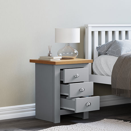 bedside table Oak with open drawers, featuring a top surface perfect for a lamp.