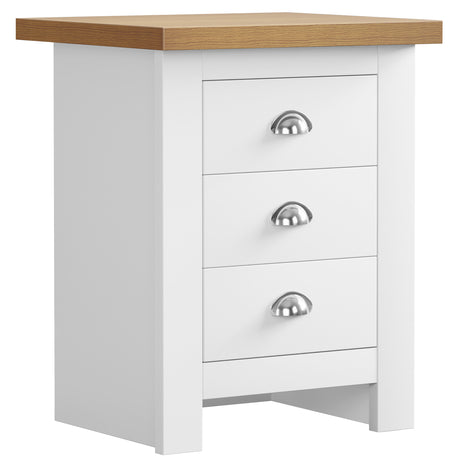 White  bedside table wide with handles, offering spacious storage and sleek design.
