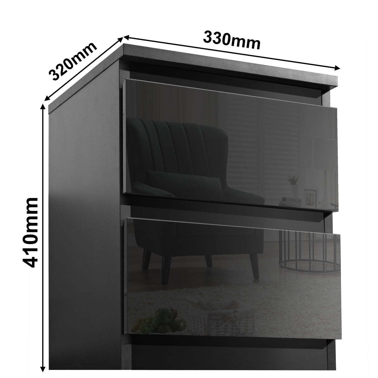 Bedside table with shelf and drawers, featuring practical storage options and detailed dimensions.