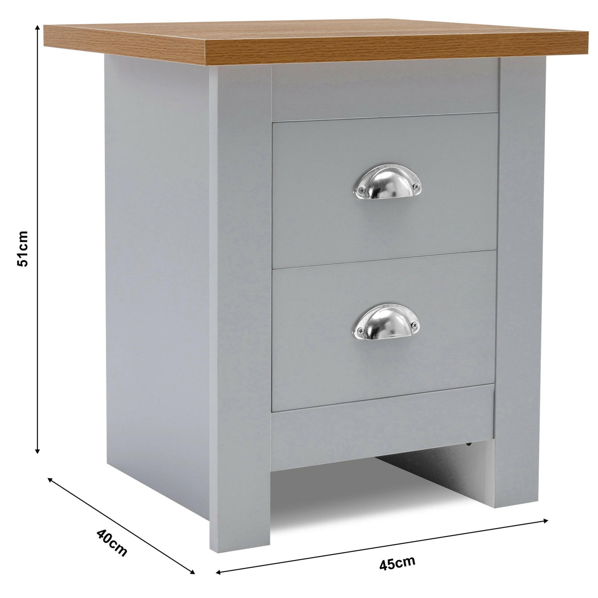 Grey bedside table with two drawers and Dimensions: 51cm height, 40cm depth, 45cm width.