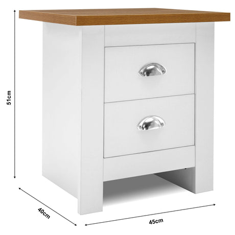 White bedside table with 2 drawers and dimensions of 51cm height, 40cm depth, and 45cm width.