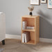 angled front view of 2 tier beech baby bookcase styled with children's books and toys for a playful nursery