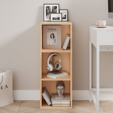 front view of beech narrow bookcase with books and decor, ideal for small rooms or apartments