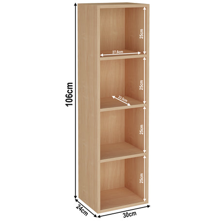measurement of 4 tier beech narrow bookcase, height 106cm and width 30cm. Shelf dimensions: height 25cm and depth 23.5cm
