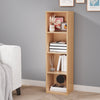 [4 Shelf | Beech] three-quarter shot of four-cubby chest-height beech cube bookcase with linen-shade table lamp