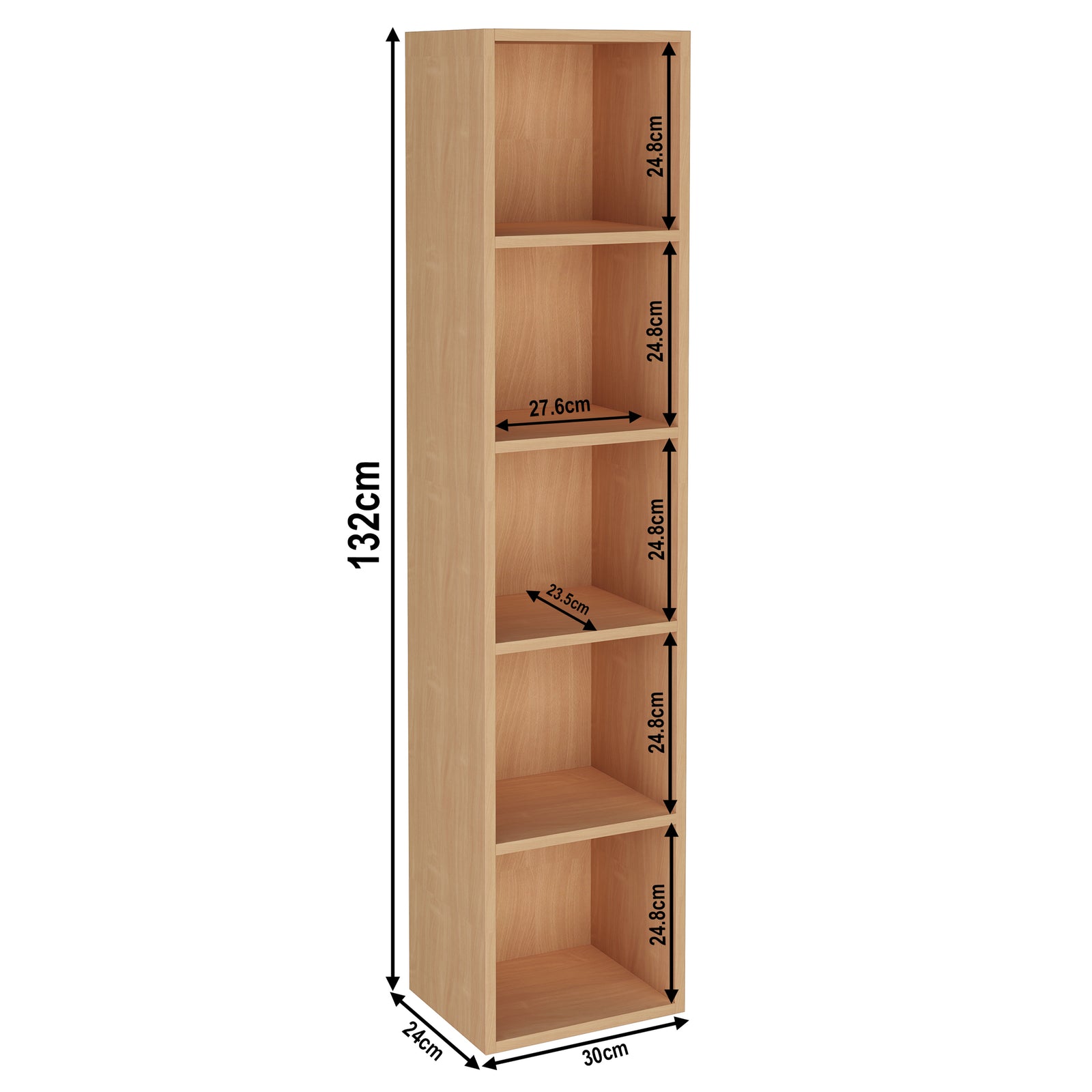 [5 Shelf | Beech] schematic of five-cubby floor-to-eye beech unit, 30 x 24 x 132 cm; pairs linen-shade table lamp