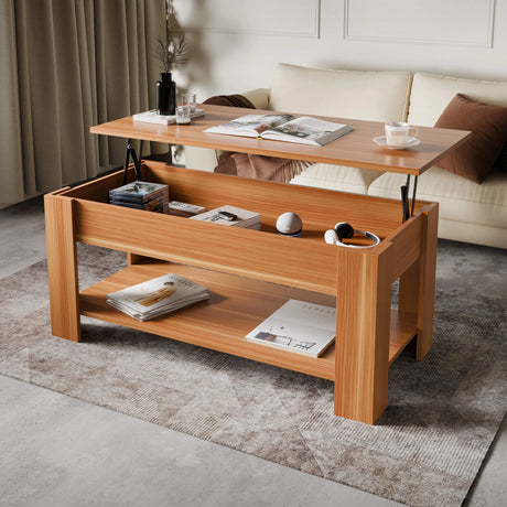 [Beech] Coffee table with top raised showing hidden storage compartment.