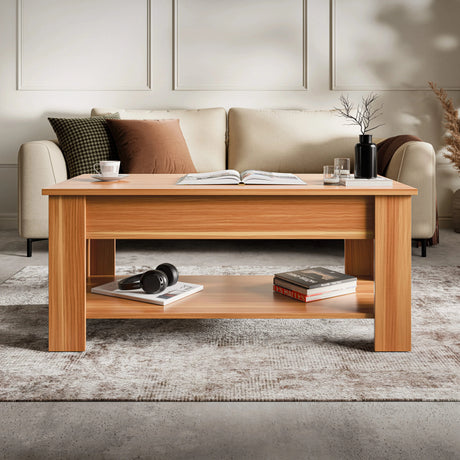 [Beech] Coffee table with lower shelf displaying headphones and books in neutral room.