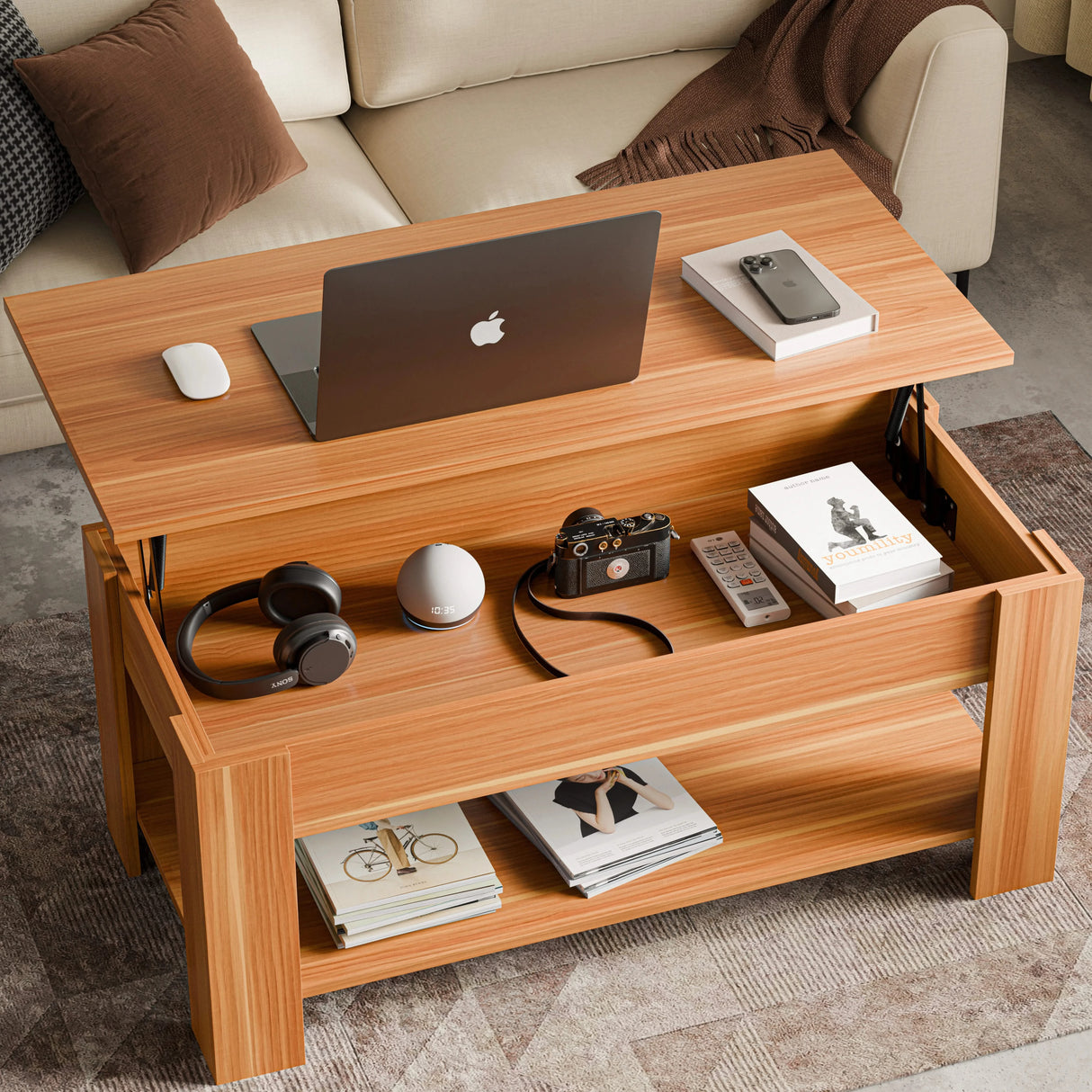 [Beech] Lift top coffee table with storage in beech, 100cm wide, featuring a raised tabletop for workspace and hidden compartment