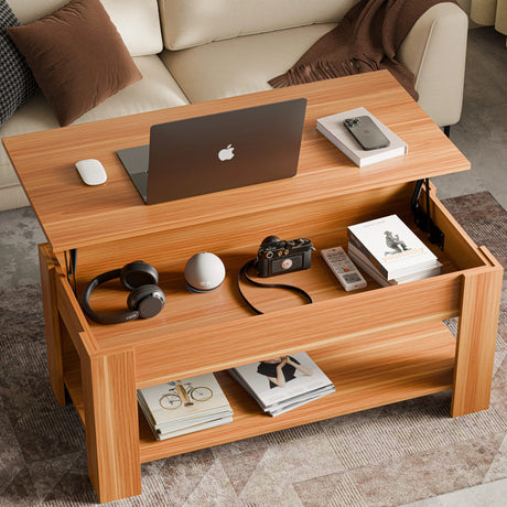 [Beech] Lift top coffee table in beech finish with laptop on raised surface.