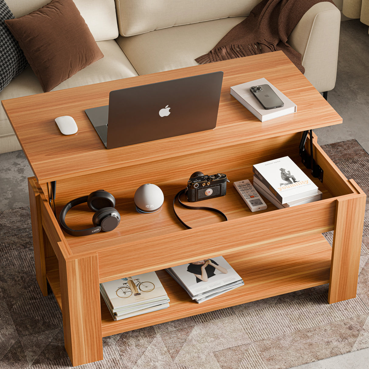 Lift top coffee table with storage in beech, 100cm wide, featuring a raised tabletop for workspace and hidden compartment for living room organization.