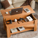 Lift top coffee table with storage in beech, 100cm wide, featuring a raised tabletop for workspace and hidden compartment for living room organization.