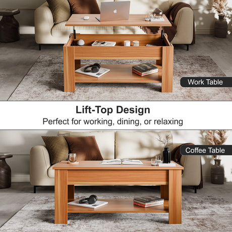 [Beech] Lift top coffee table shown open as work table and closed as coffee table.